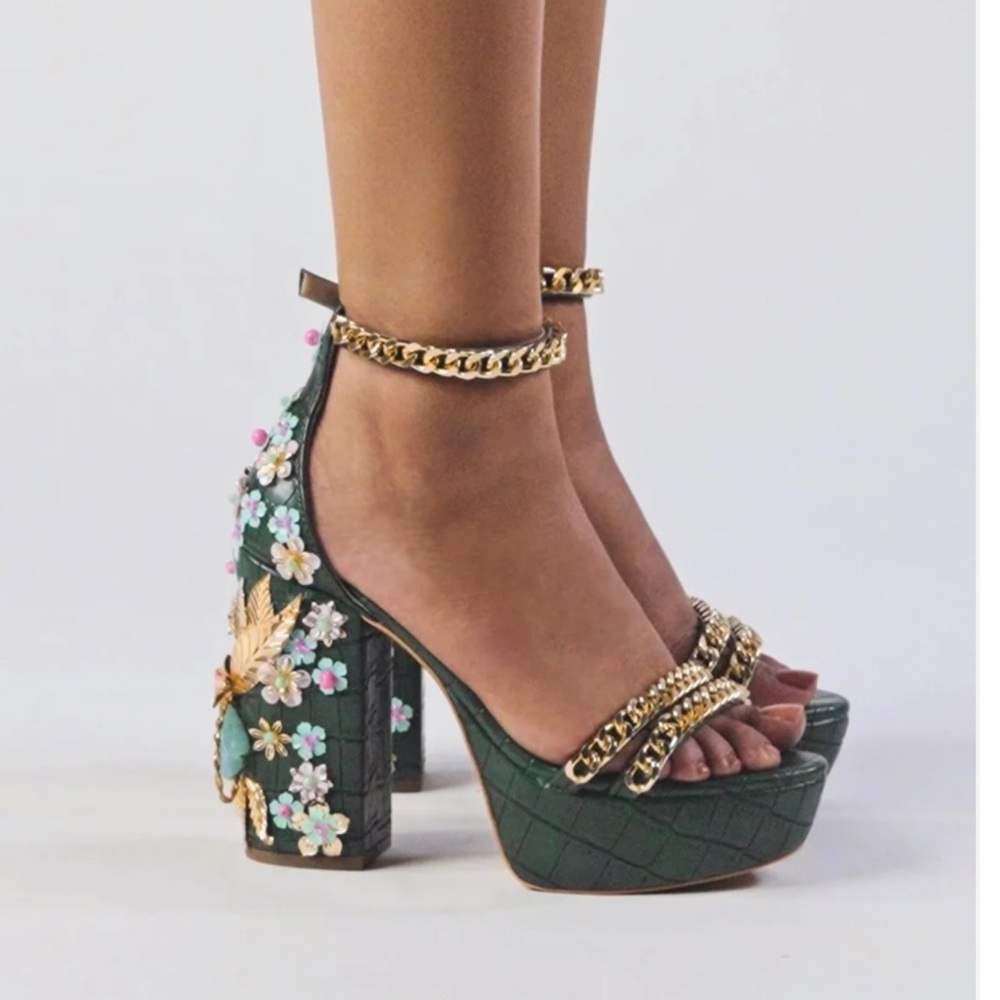Papa don’t preach by shubhika- MEDUSA - BOTTLE GREEN BLOCK HEELS